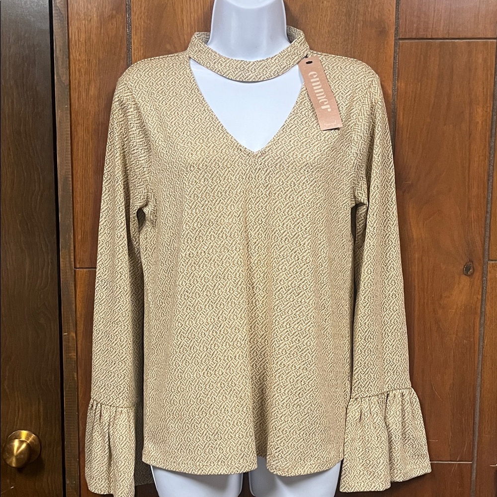 Elegant cream and tan (gold) blouse ruffles cuffs